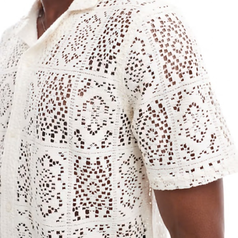 Hollister Ivory Lace Shirt Crochet Button Down Men’s M Coastal Amalfi Resortwear - Picture 5 of 10